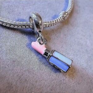 Lipstick Charm‎ Bead Dangle Pink Blue Enamel Crystal Silver Tone Bracelet